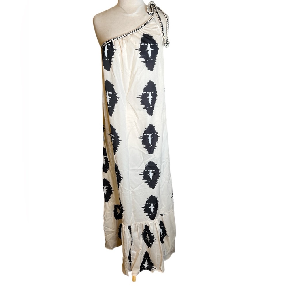 Cream & Black One-Shoulder Maxi Dress – Shoulder Tie, Ruffle Detail, NWOT